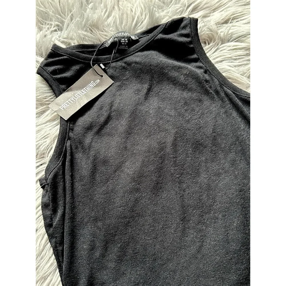 Pretty Little Thing Womens Black Burnout Mesh Racer Crop Top Size 6US - Picture 3 of 3